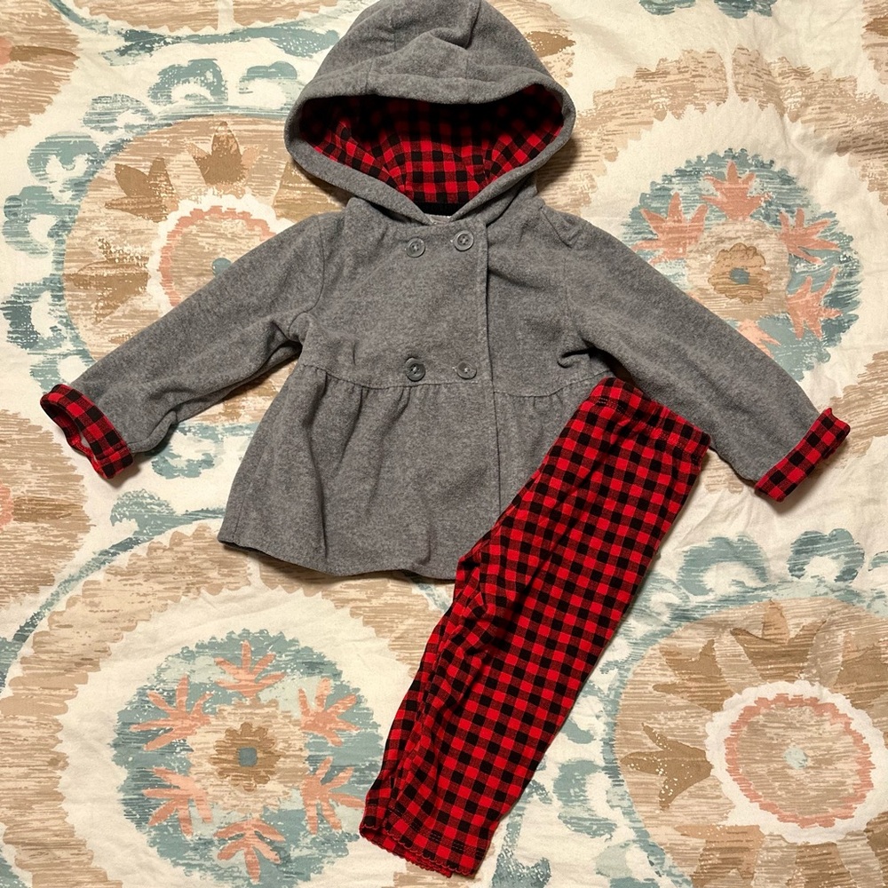 Carter’s buffalo plaid peplum fleece coord outfit gray red black cabincore EUC